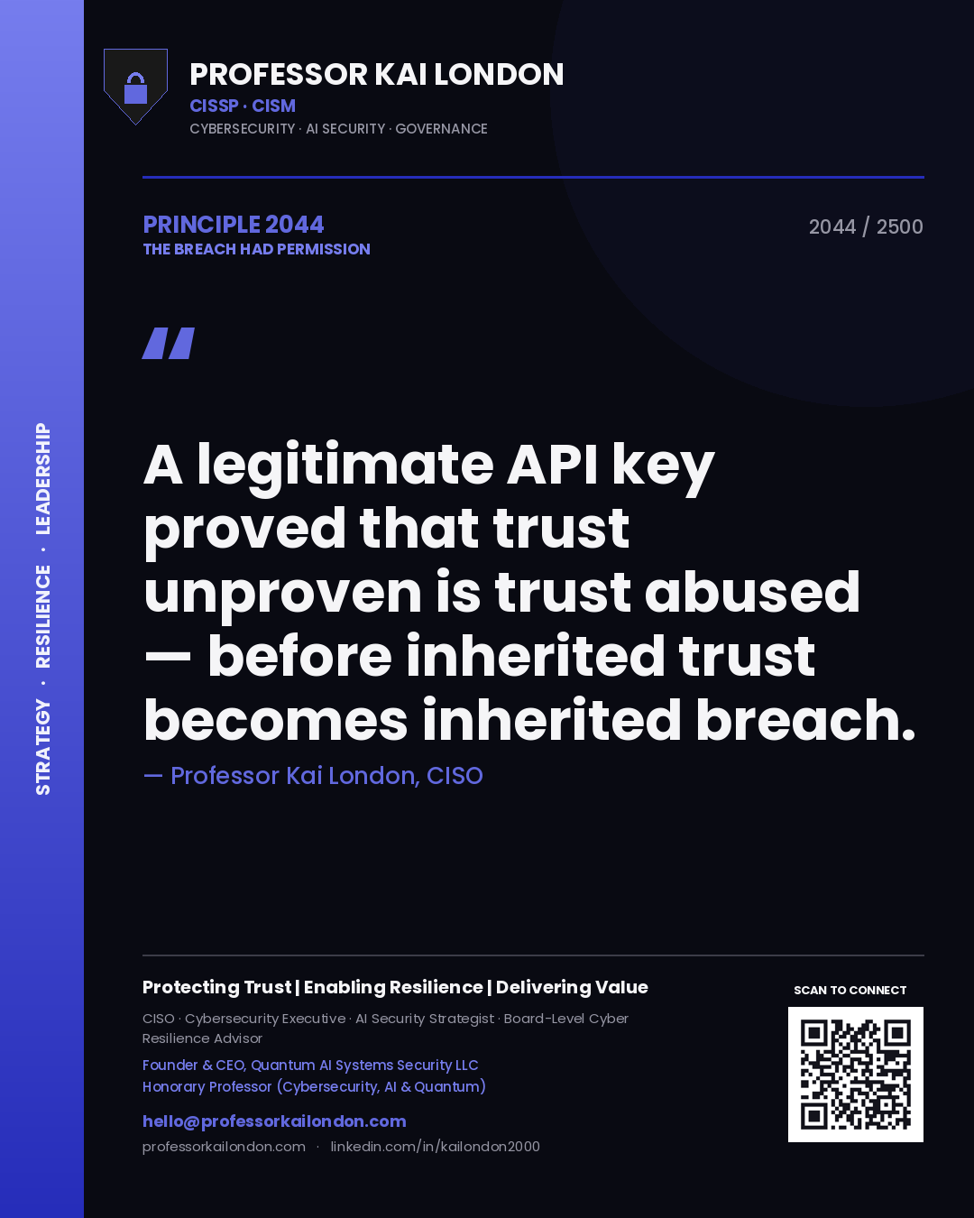 Professor Kai London principle 2044: A legitimate API key proved that trust unproven is trust abused — before inherited trust becomes inherited breach.