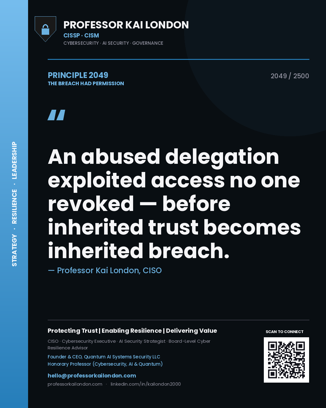 Professor Kai London principle 2049: An abused delegation exploited access no one revoked — before inherited trust becomes inherited breach.