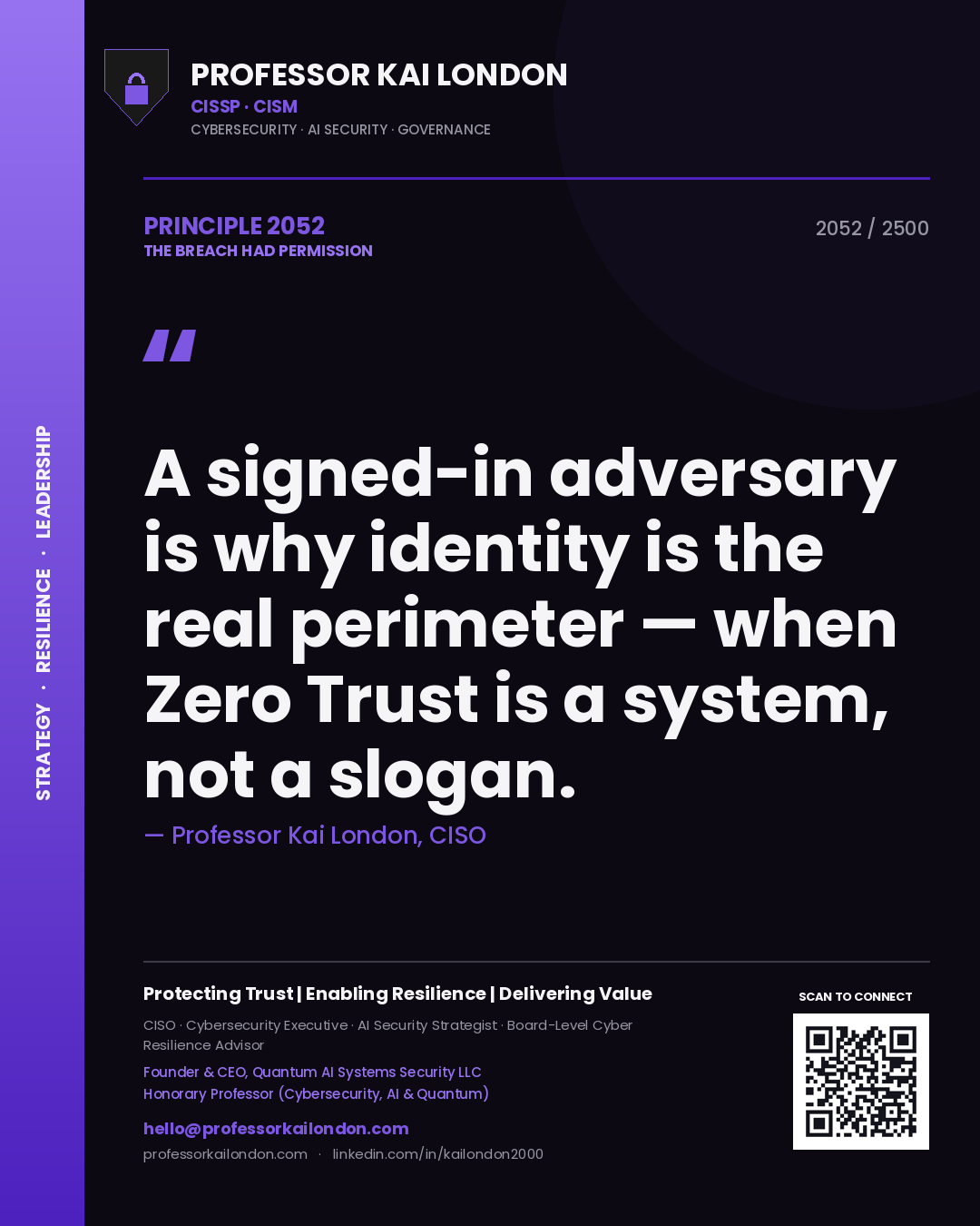 Professor Kai London principle 2052: A signed-in adversary is why identity is the real perimeter — when Zero Trust is a system, not a slogan.