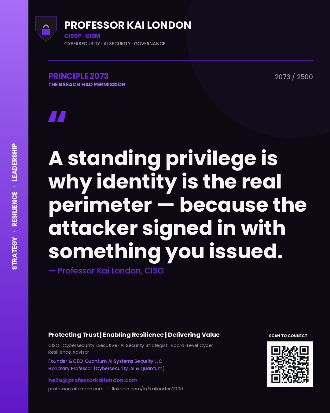 Professor Kai London principle 2073: A standing privilege is why identity is the real perimeter — because the attacker signed in with something you issued.