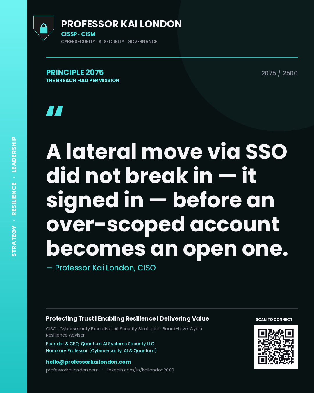 Professor Kai London principle 2075: A lateral move via SSO did not break in — it signed in — before an over-scoped account becomes an open one.