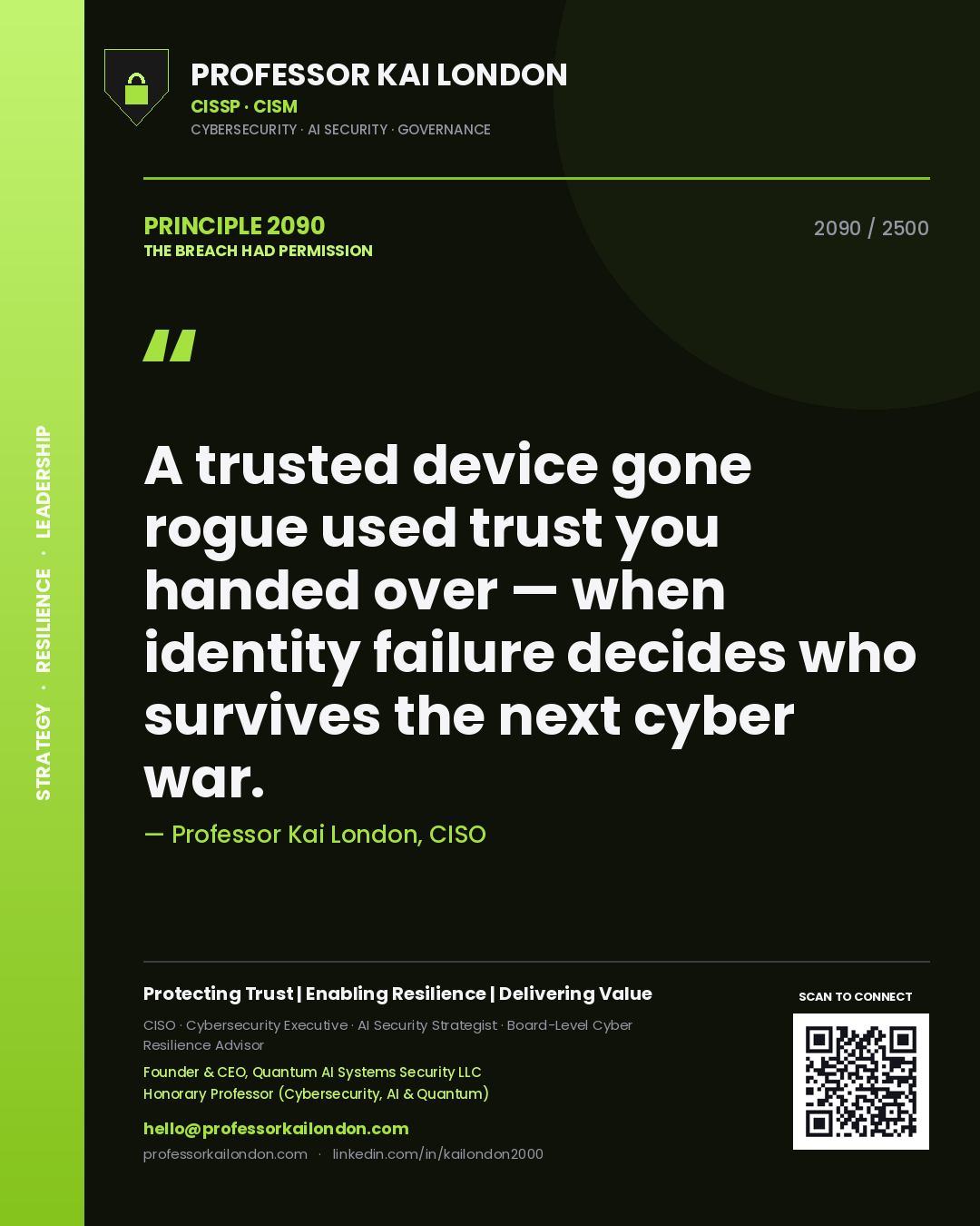 Professor Kai London principle 2090: A trusted device gone rogue used trust you handed over — when identity failure decides who survives the next cyber war.
