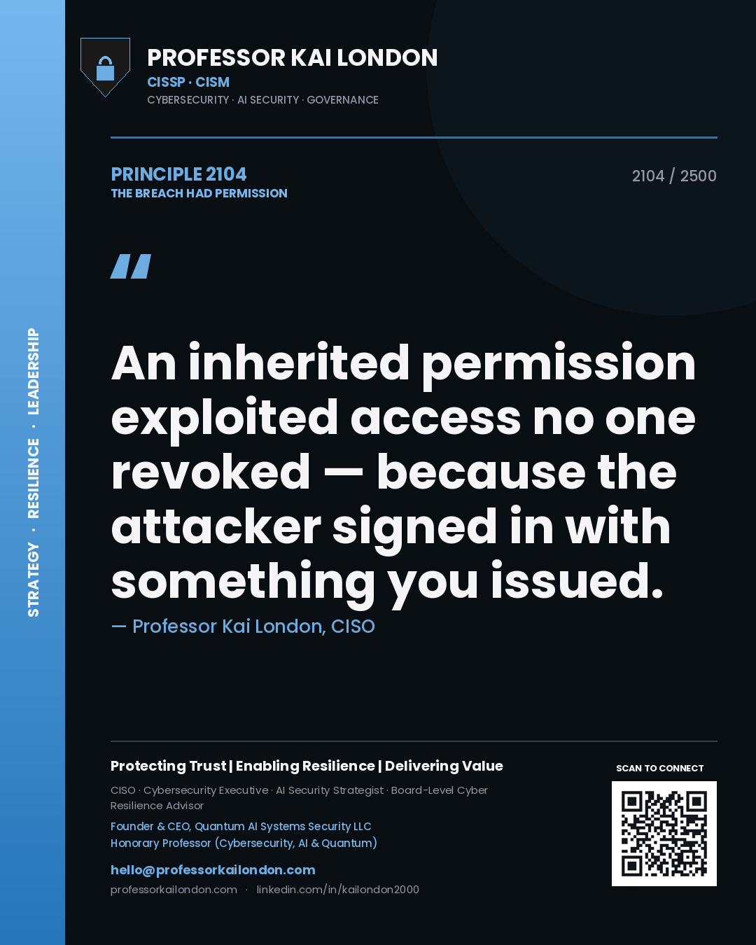 Professor Kai London principle 2104: An inherited permission exploited access no one revoked — because the attacker signed in with something you issued.