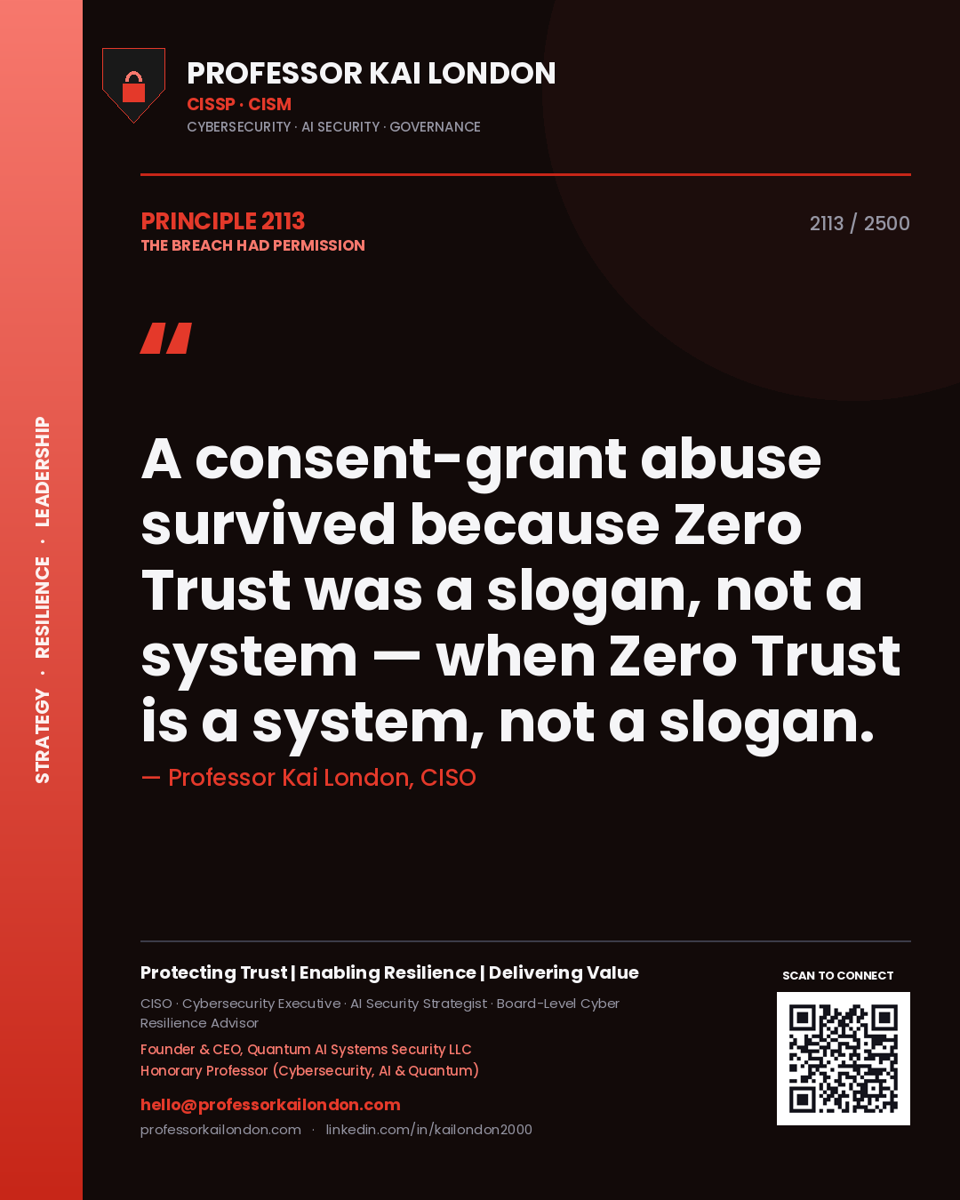 Professor Kai London principle 2113: A consent-grant abuse survived because Zero Trust was a slogan, not a system — when Zero Trust is a system, not a slogan.