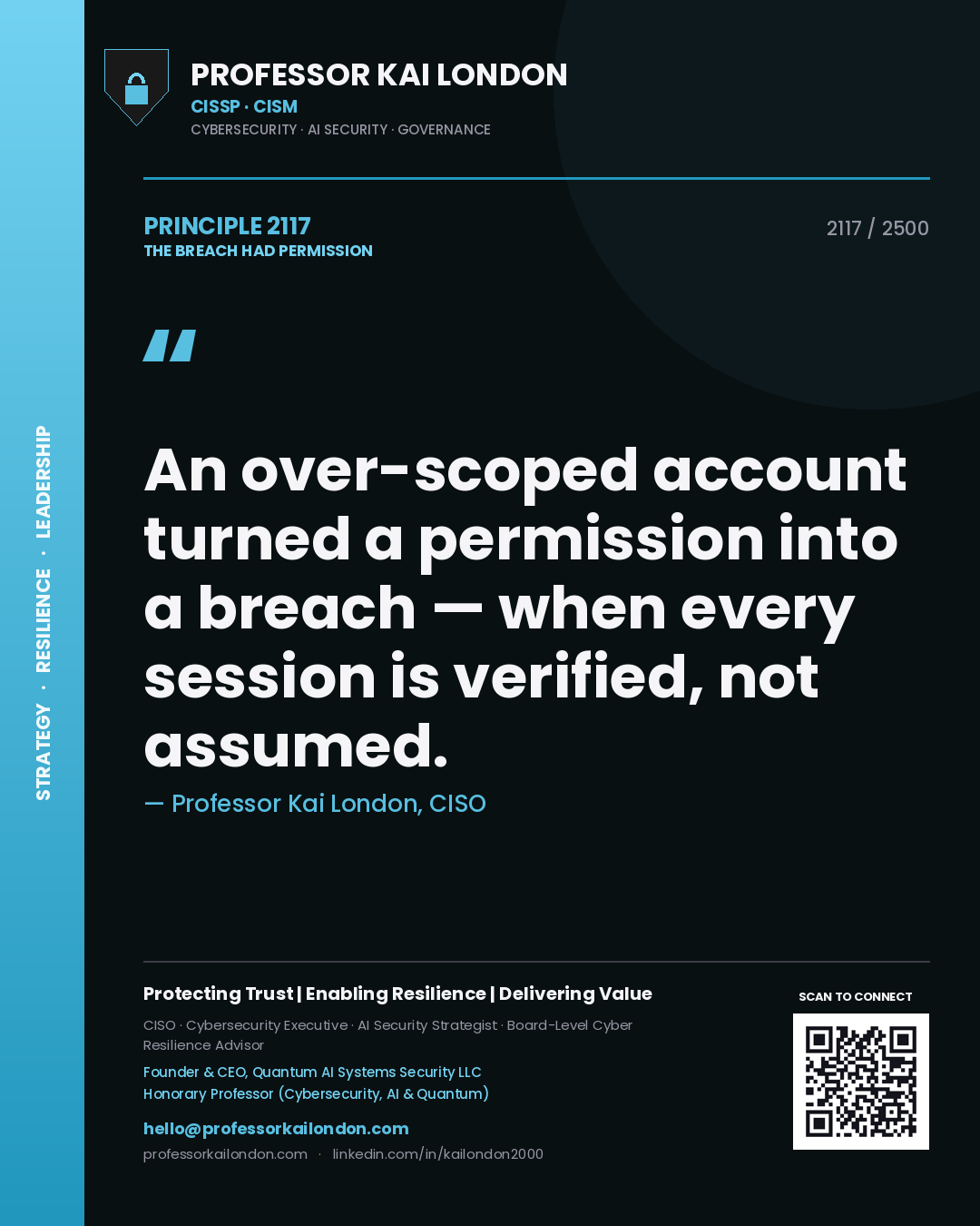 Professor Kai London principle 2117: An over-scoped account turned a permission into a breach — when every session is verified, not assumed.
