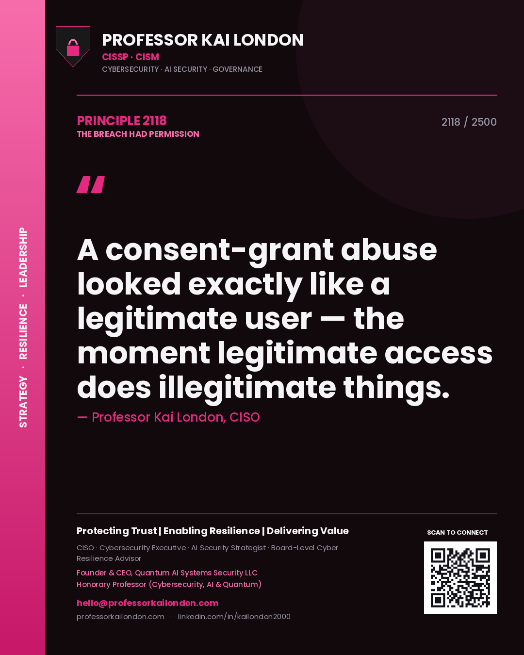 Professor Kai London principle 2118: A consent-grant abuse looked exactly like a legitimate user — the moment legitimate access does illegitimate things.
