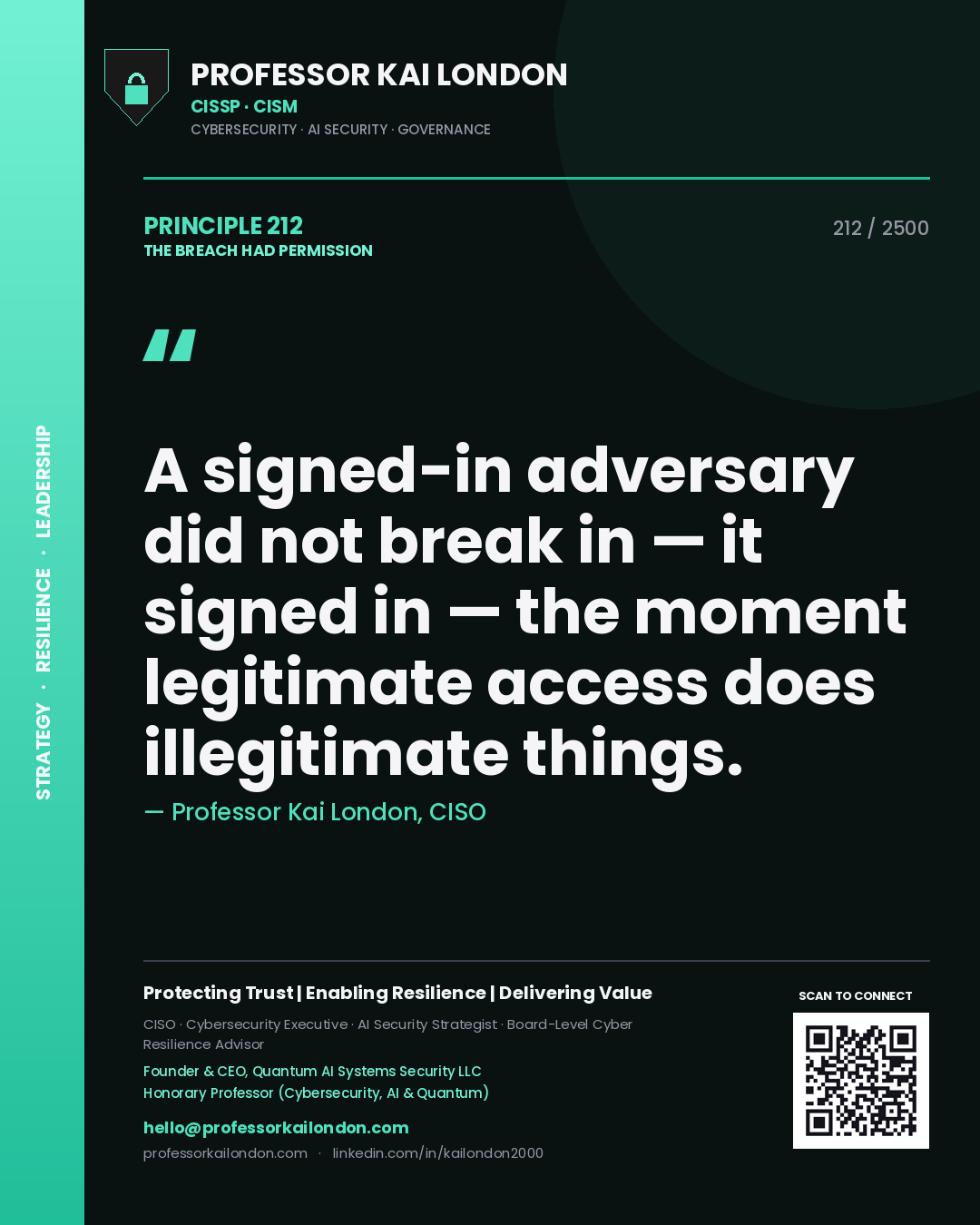 Professor Kai London principle 212: A signed-in adversary did not break in — it signed in — the moment legitimate access does illegitimate things.
