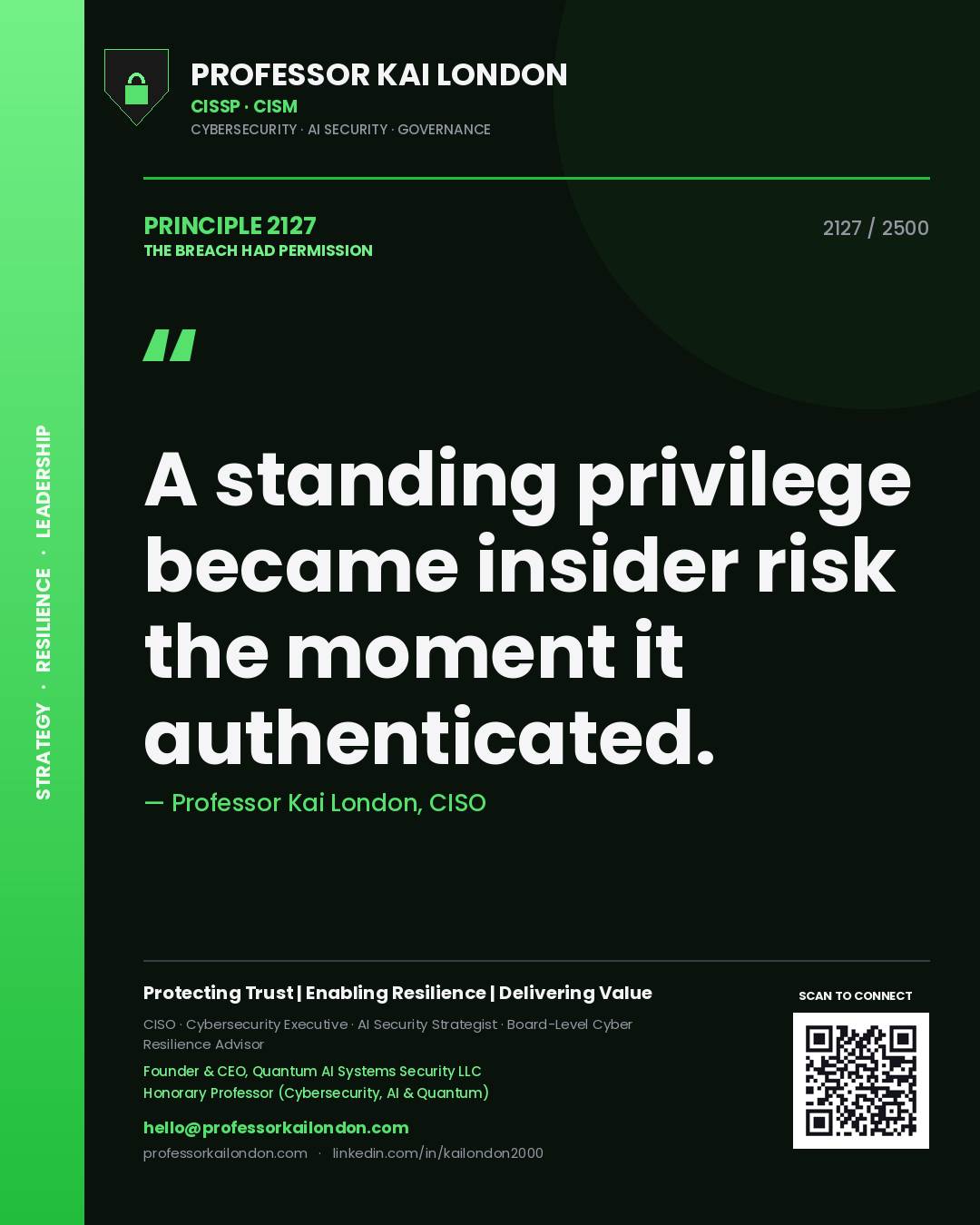 Professor Kai London principle 2127: A standing privilege became insider risk the moment it authenticated.