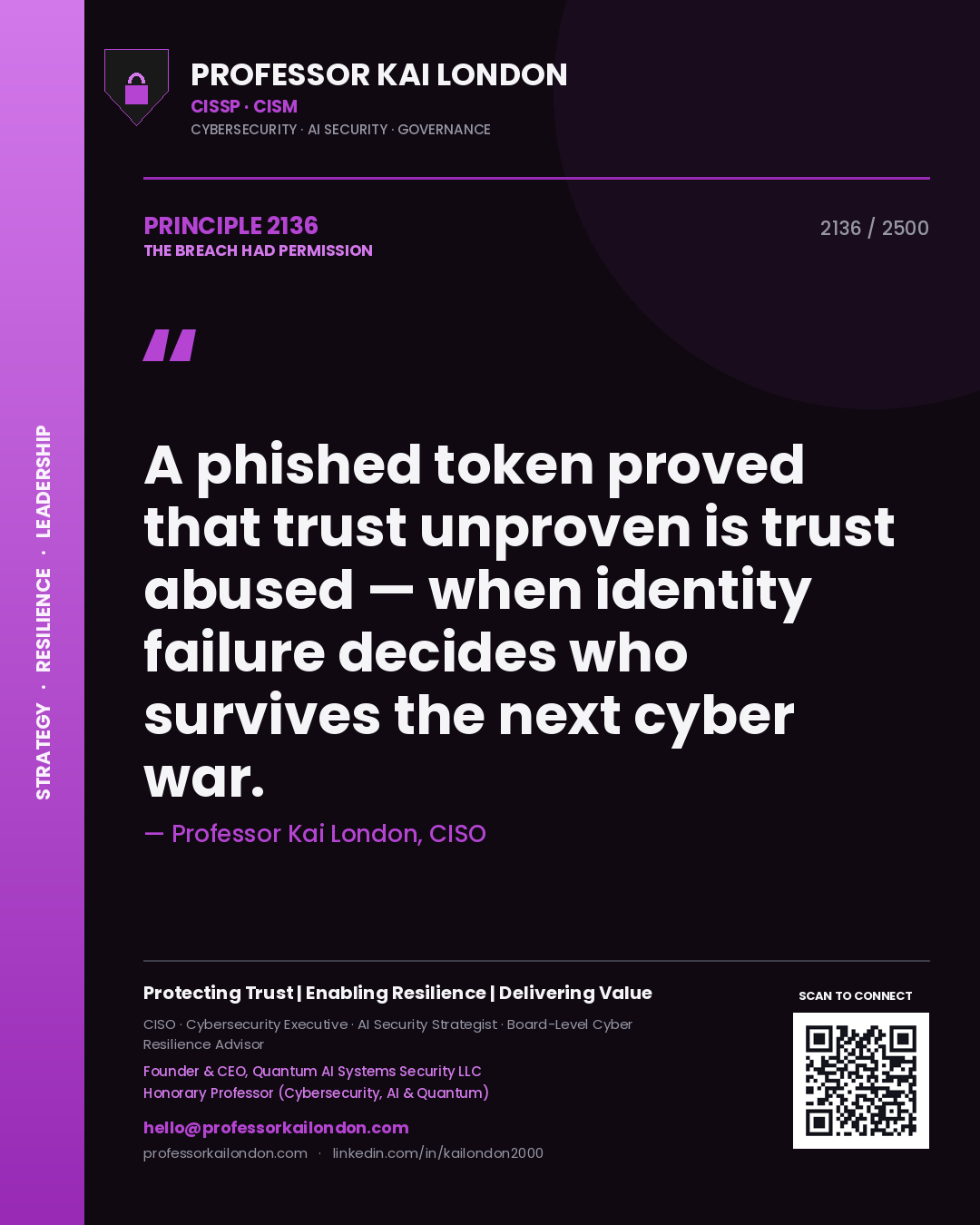Professor Kai London principle 2136: A phished token proved that trust unproven is trust abused — when identity failure decides who survives the next cyber war.