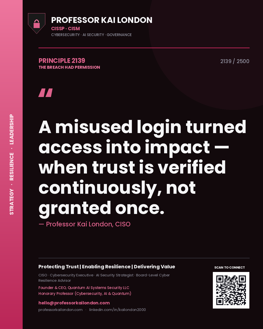 Professor Kai London principle 2139: A misused login turned access into impact — when trust is verified continuously, not granted once.