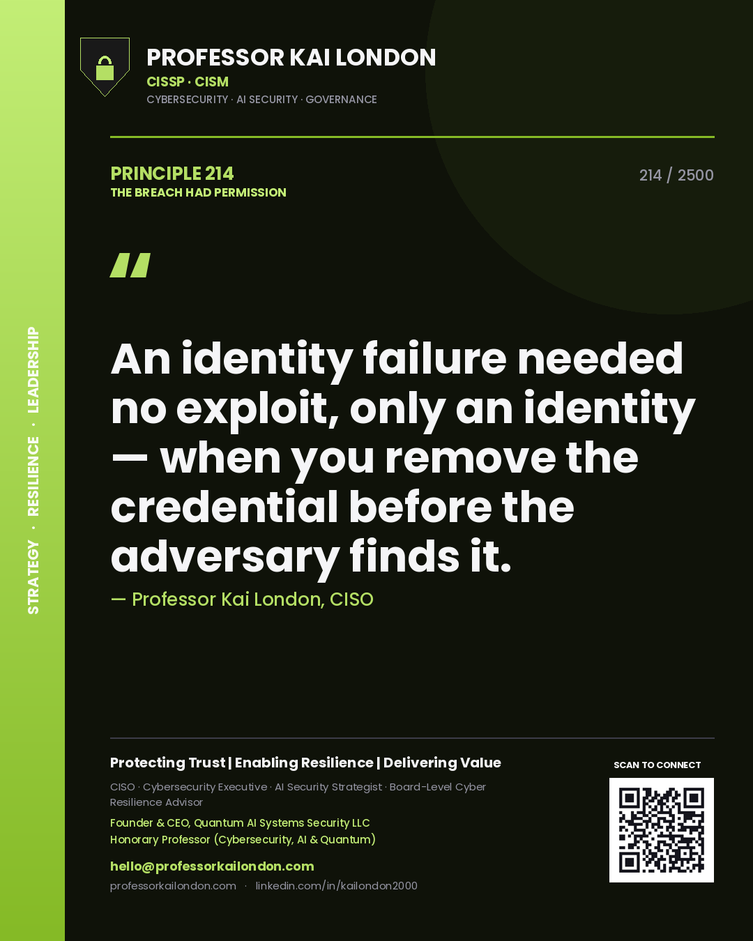 Professor Kai London principle 214: An identity failure needed no exploit, only an identity — when you remove the credential before the adversary finds it.
