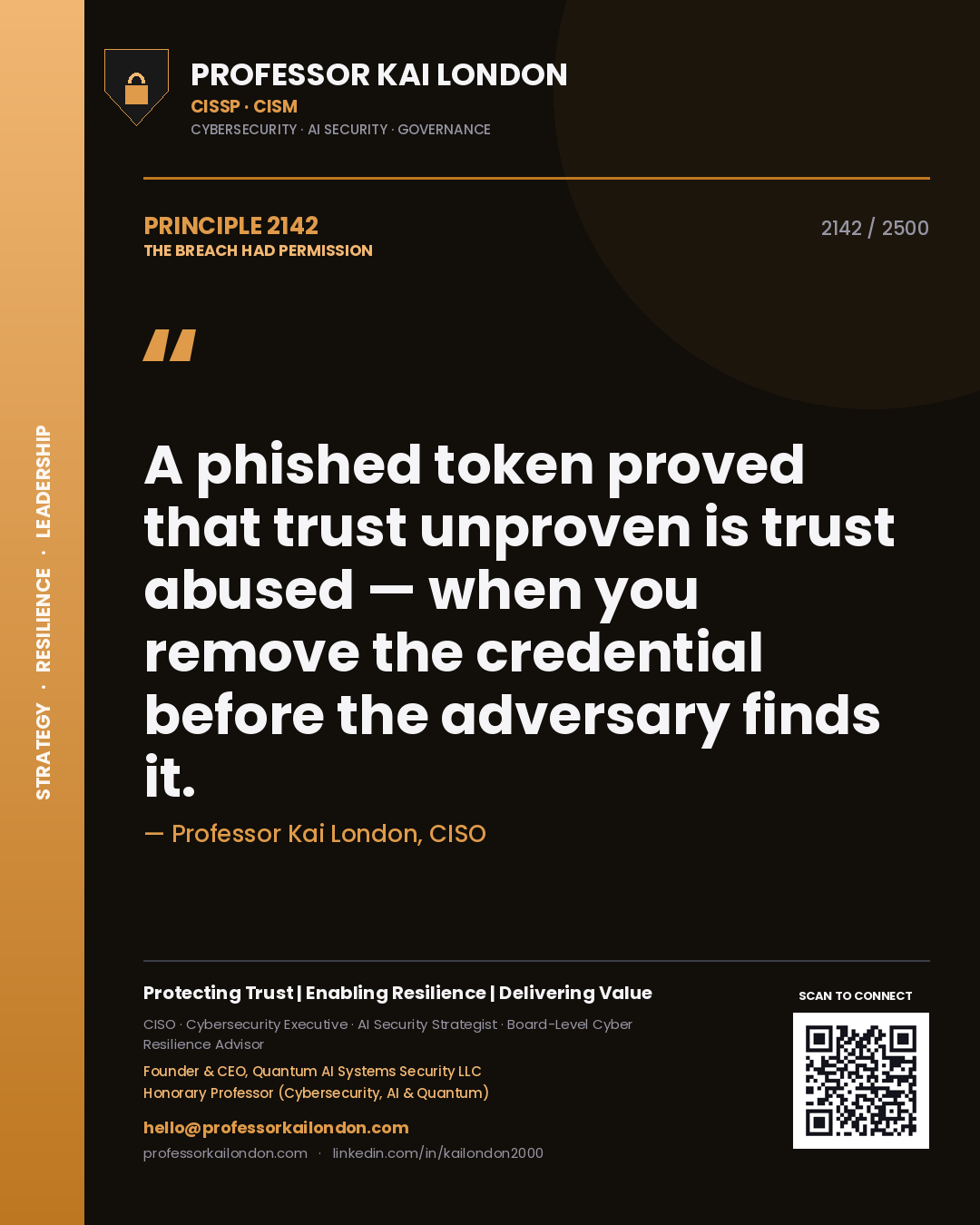 Professor Kai London principle 2142: A phished token proved that trust unproven is trust abused — when you remove the credential before the adversary finds it.