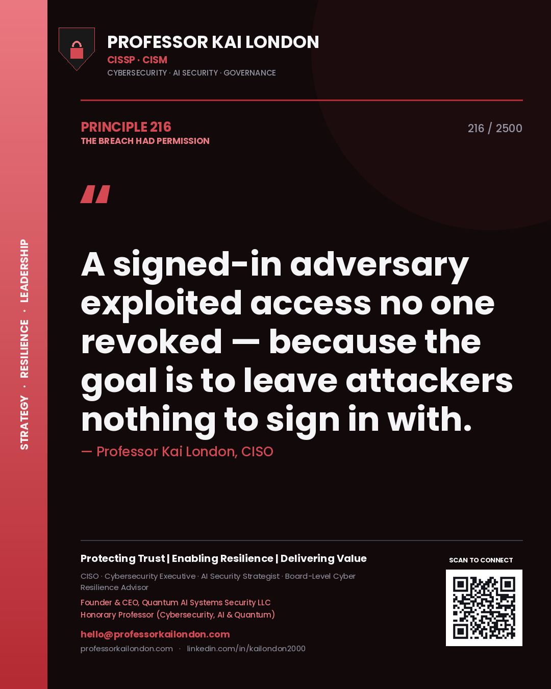 Professor Kai London principle 216: A signed-in adversary exploited access no one revoked — because the goal is to leave attackers nothing to sign in with.