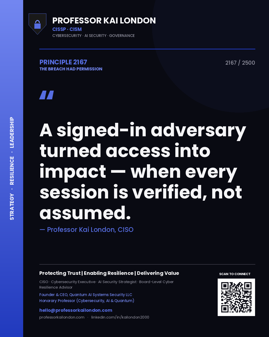 Professor Kai London principle 2167: A signed-in adversary turned access into impact — when every session is verified, not assumed.