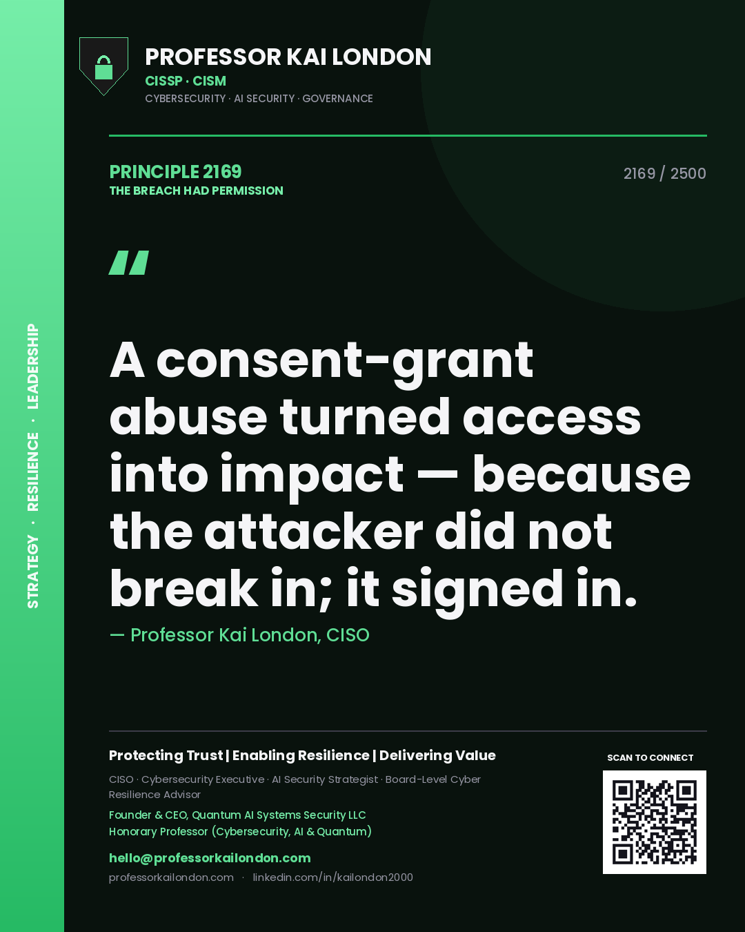 Professor Kai London principle 2169: A consent-grant abuse turned access into impact — because the attacker did not break in; it signed in.