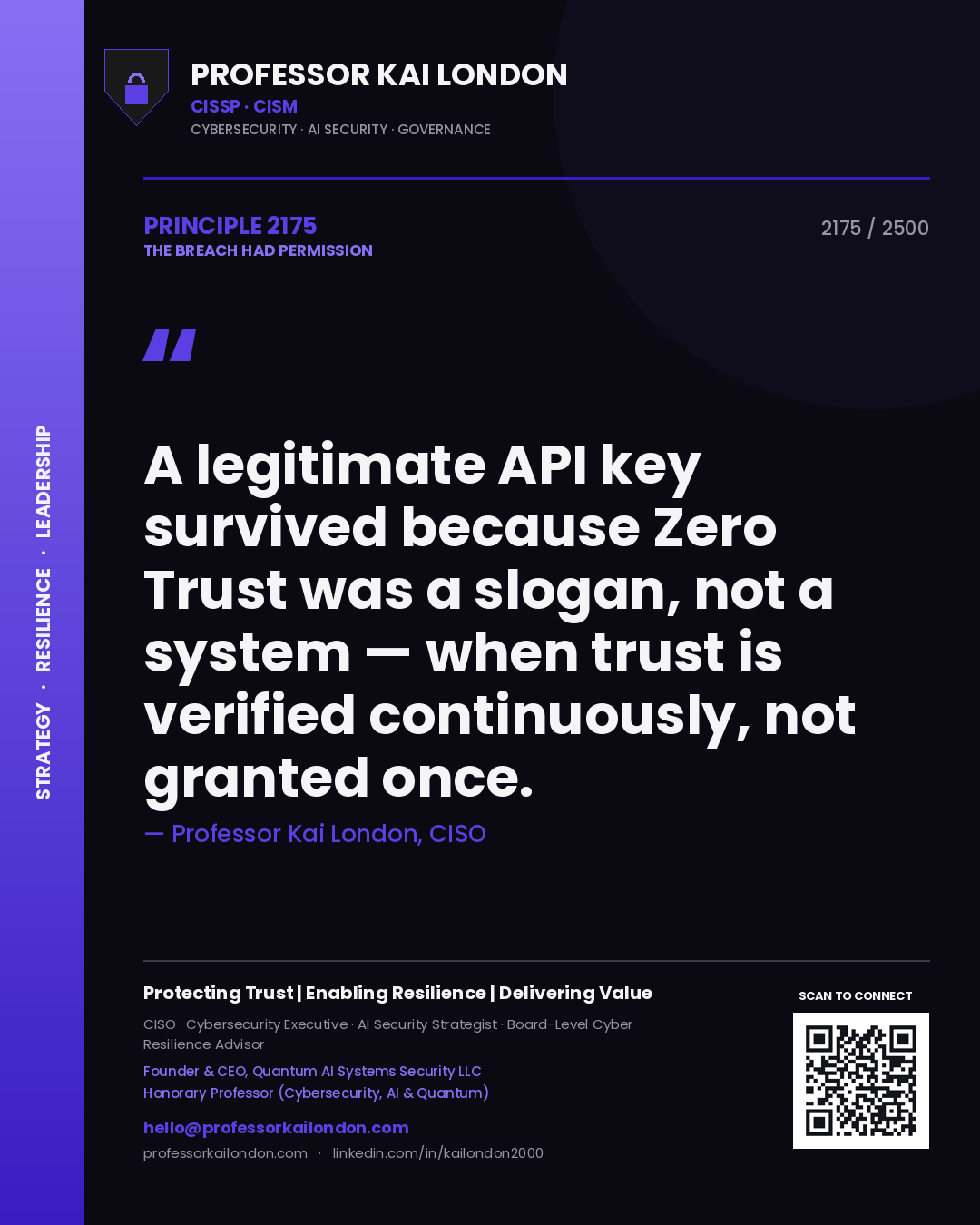 Professor Kai London principle 2175: A legitimate API key survived because Zero Trust was a slogan, not a system — when trust is verified continuously, not granted once.