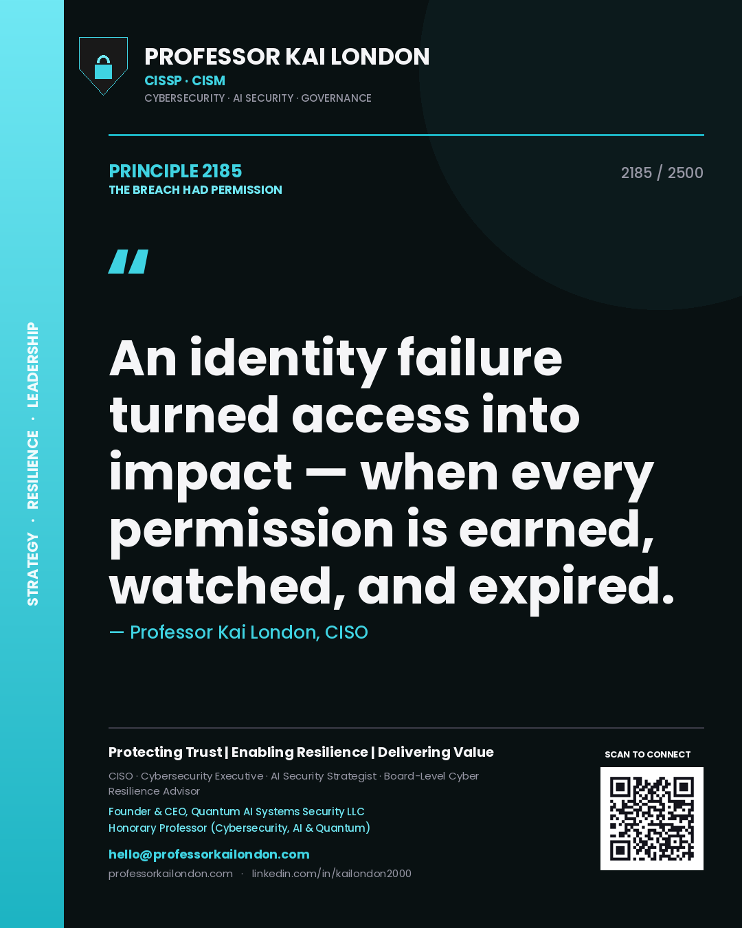 Professor Kai London principle 2185: An identity failure turned access into impact — when every permission is earned, watched, and expired.