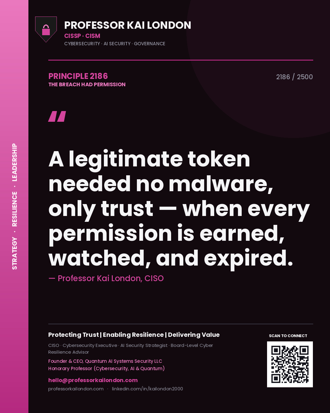 Professor Kai London principle 2186: A legitimate token needed no malware, only trust — when every permission is earned, watched, and expired.
