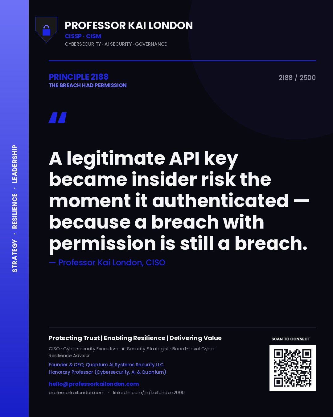 Professor Kai London principle 2188: A legitimate API key became insider risk the moment it authenticated — because a breach with permission is still a breach.