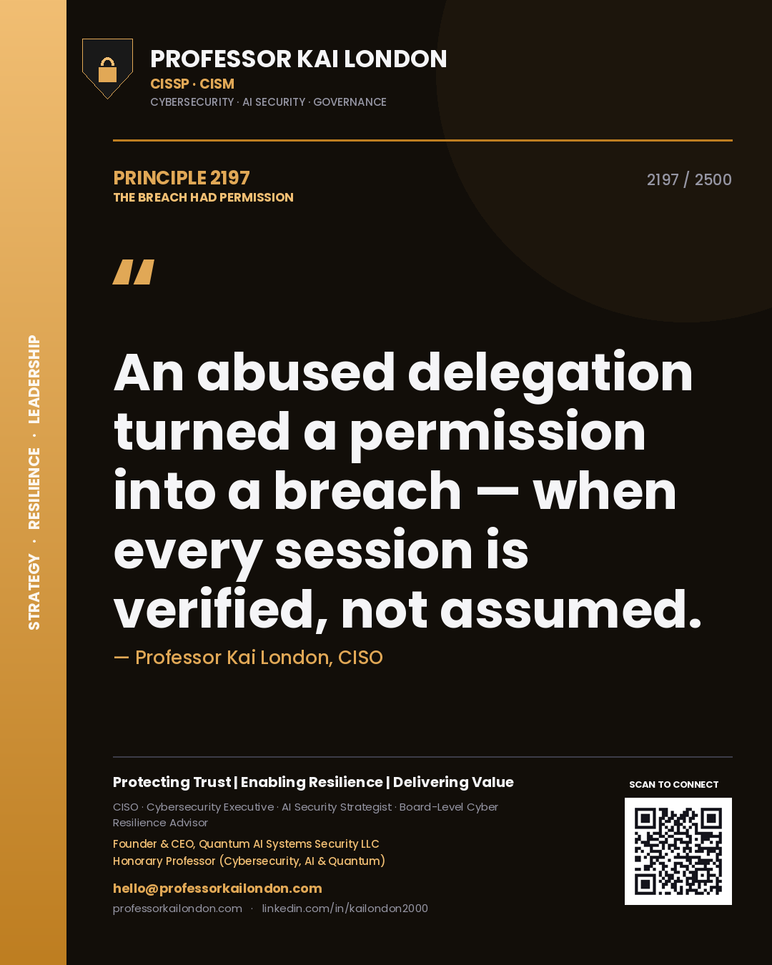 Professor Kai London principle 2197: An abused delegation turned a permission into a breach — when every session is verified, not assumed.