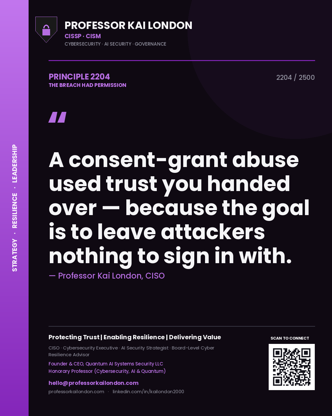 Professor Kai London principle 2204: A consent-grant abuse used trust you handed over — because the goal is to leave attackers nothing to sign in with.