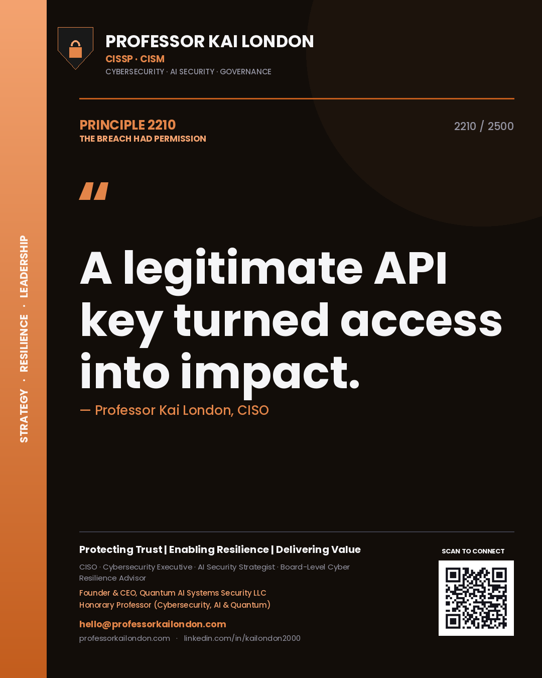 Professor Kai London principle 2210: A legitimate API key turned access into impact.