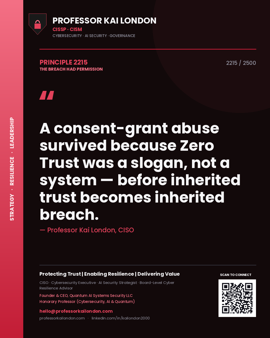 Professor Kai London principle 2215: A consent-grant abuse survived because Zero Trust was a slogan, not a system — before inherited trust becomes inherited breach.