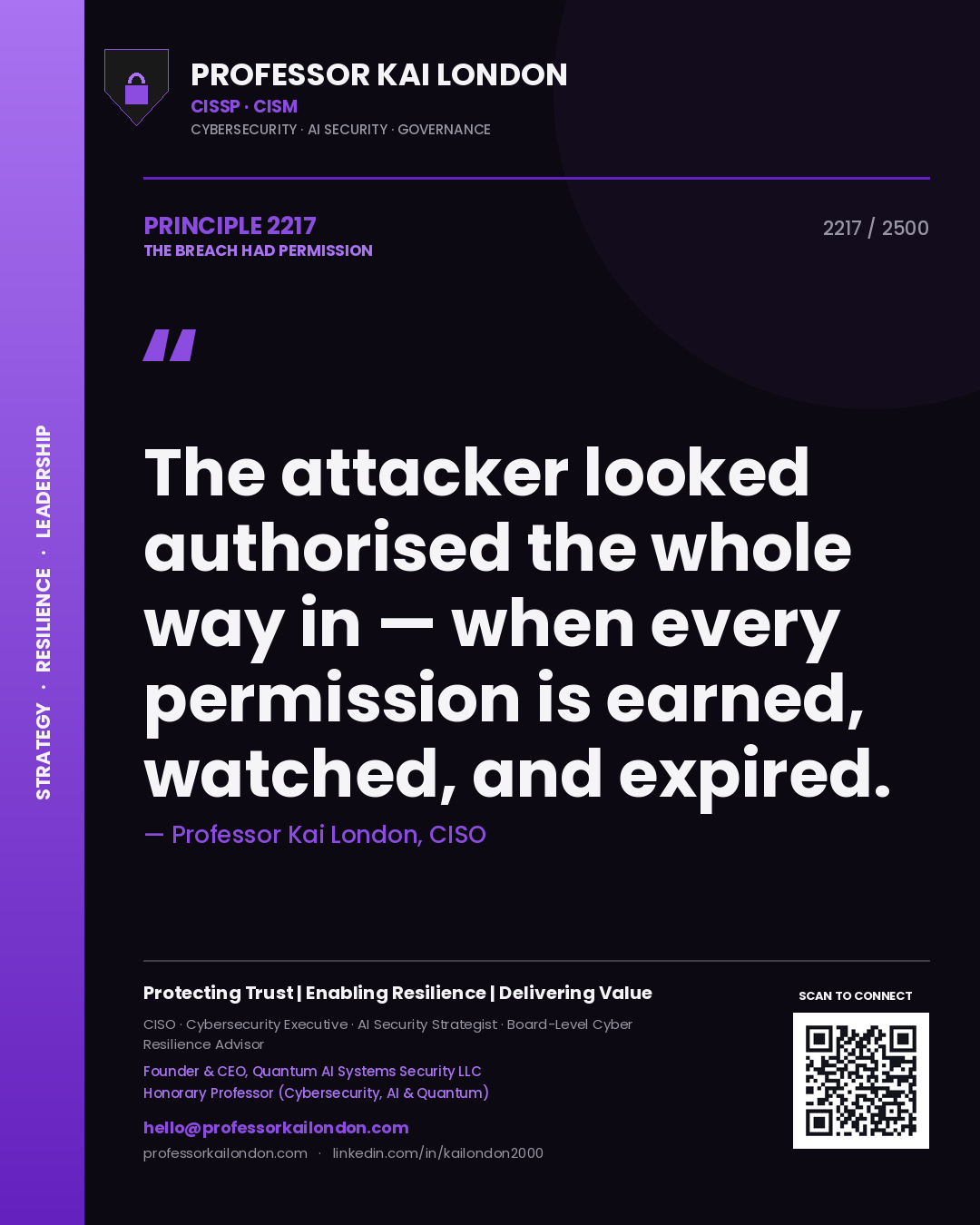 Professor Kai London principle 2217: The attacker looked authorised the whole way in — when every permission is earned, watched, and expired.