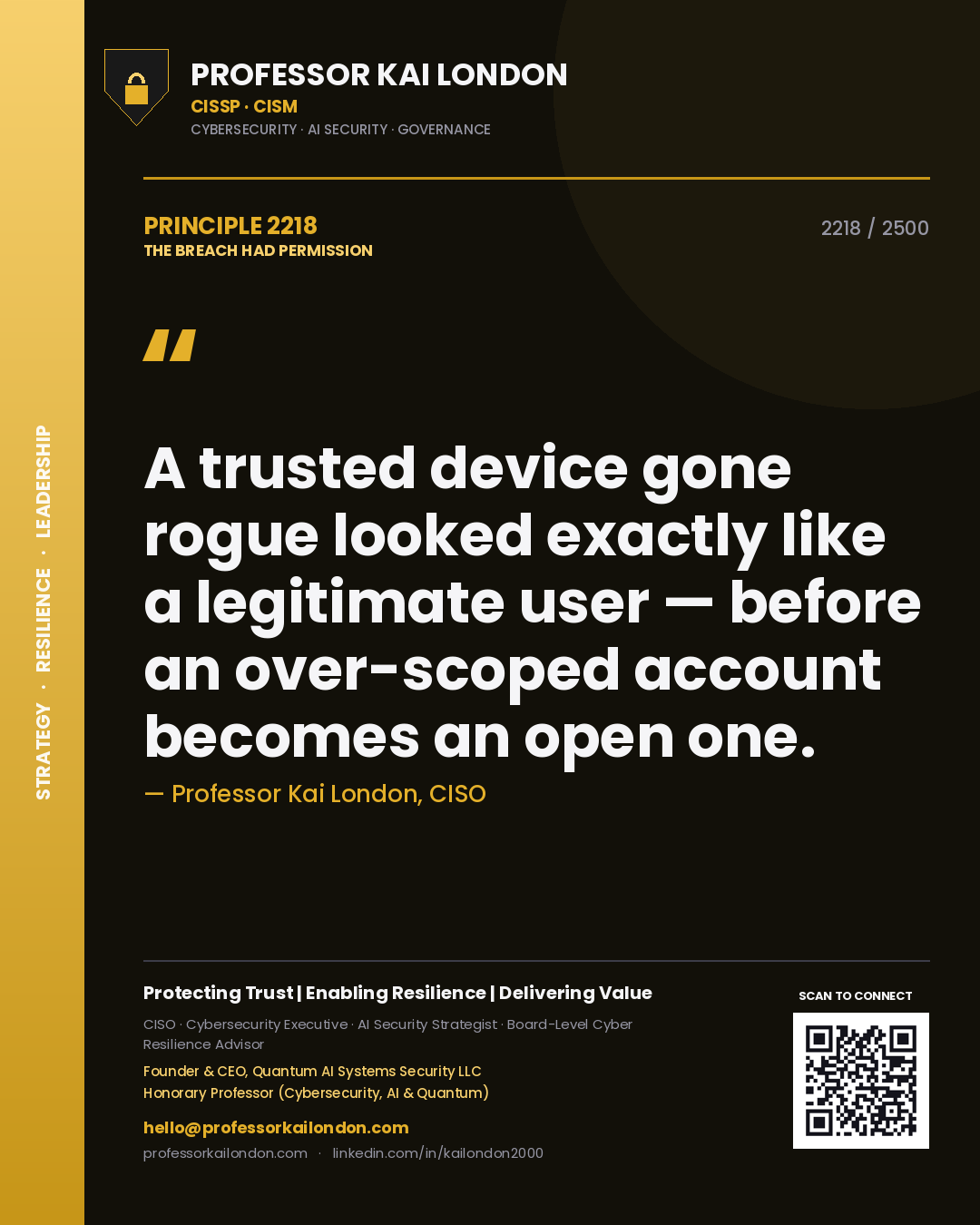 Professor Kai London principle 2218: A trusted device gone rogue looked exactly like a legitimate user — before an over-scoped account becomes an open one.
