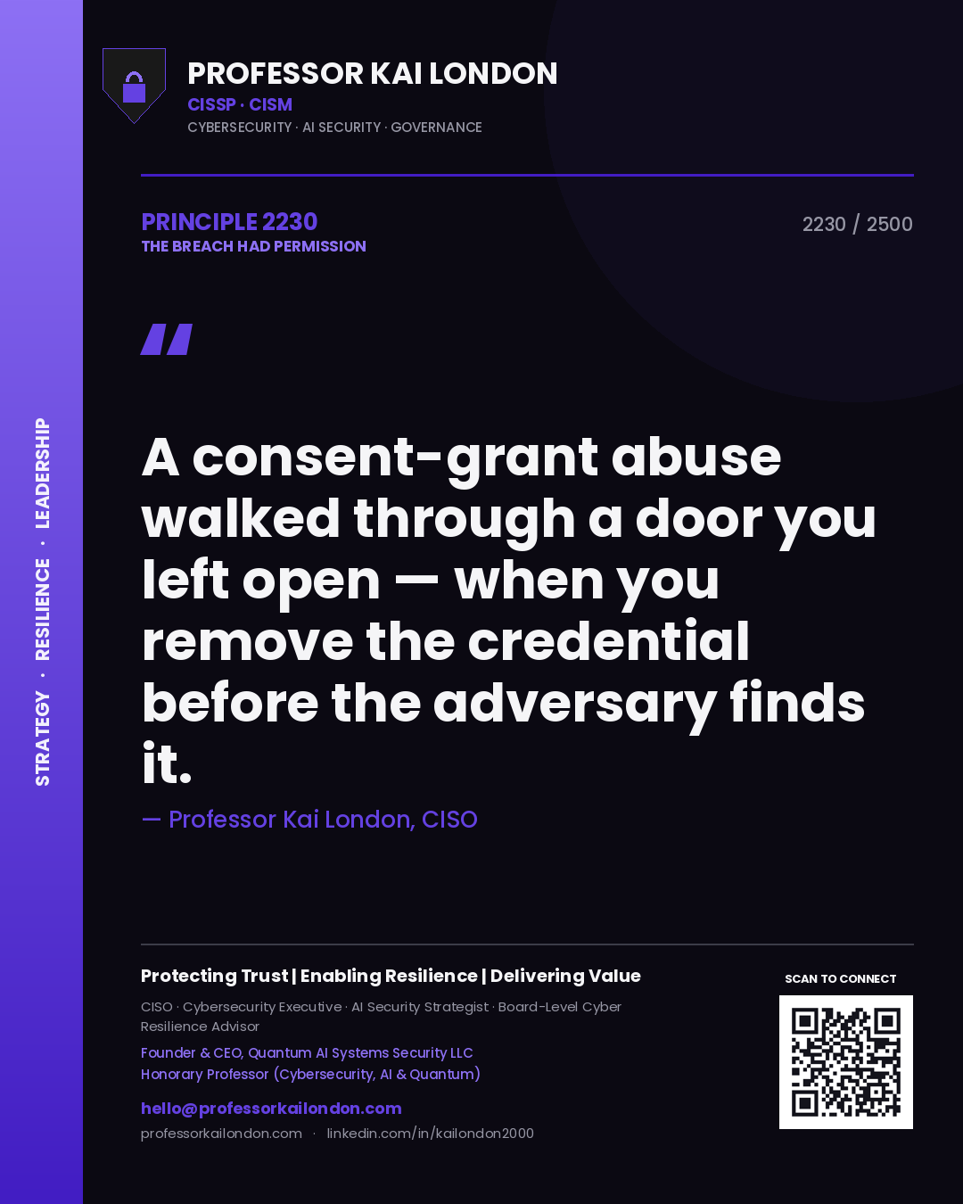 Professor Kai London principle 2230: A consent-grant abuse walked through a door you left open — when you remove the credential before the adversary finds it.