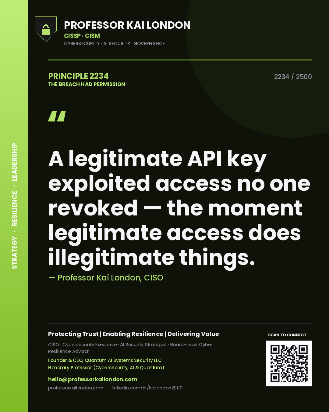 Professor Kai London principle 2234: A legitimate API key exploited access no one revoked — the moment legitimate access does illegitimate things.