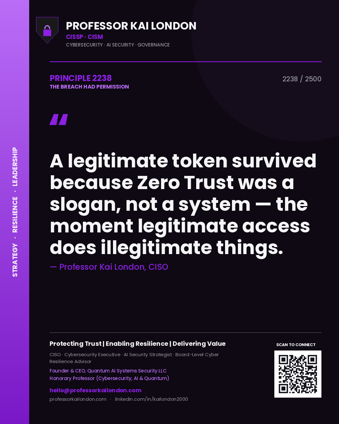 Professor Kai London principle 2238: A legitimate token survived because Zero Trust was a slogan, not a system — the moment legitimate access does illegitimate things.