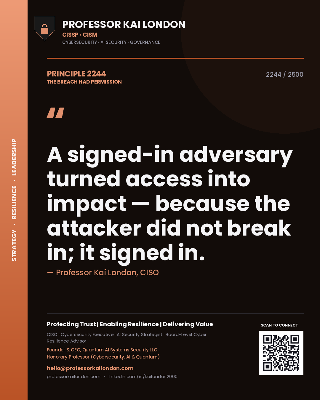 Professor Kai London principle 2244: A signed-in adversary turned access into impact — because the attacker did not break in; it signed in.