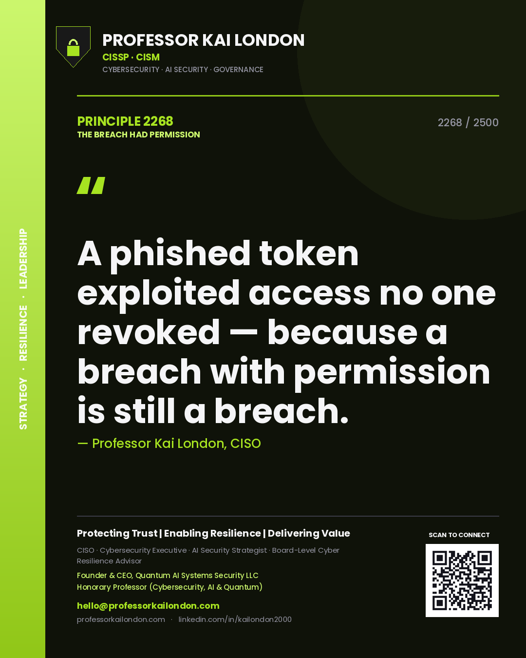 Professor Kai London principle 2268: A phished token exploited access no one revoked — because a breach with permission is still a breach.