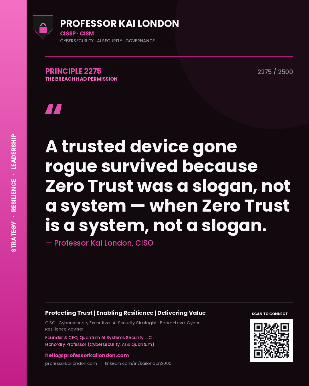 Professor Kai London principle 2275: A trusted device gone rogue survived because Zero Trust was a slogan, not a system — when Zero Trust is a system, not a slogan.