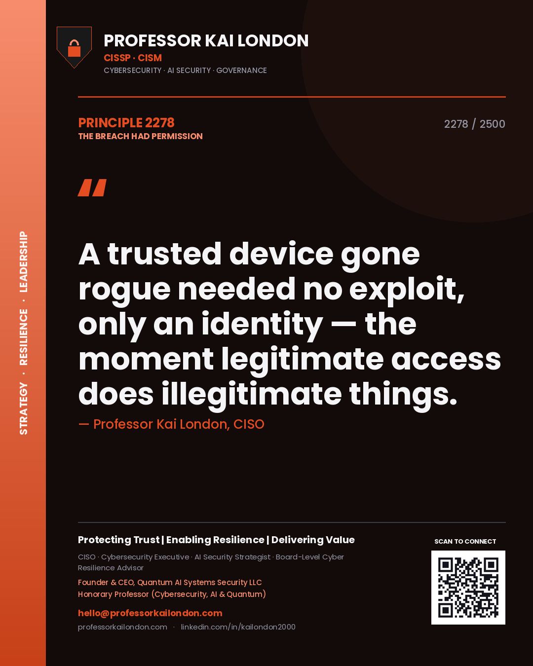 Professor Kai London principle 2278: A trusted device gone rogue needed no exploit, only an identity — the moment legitimate access does illegitimate things.