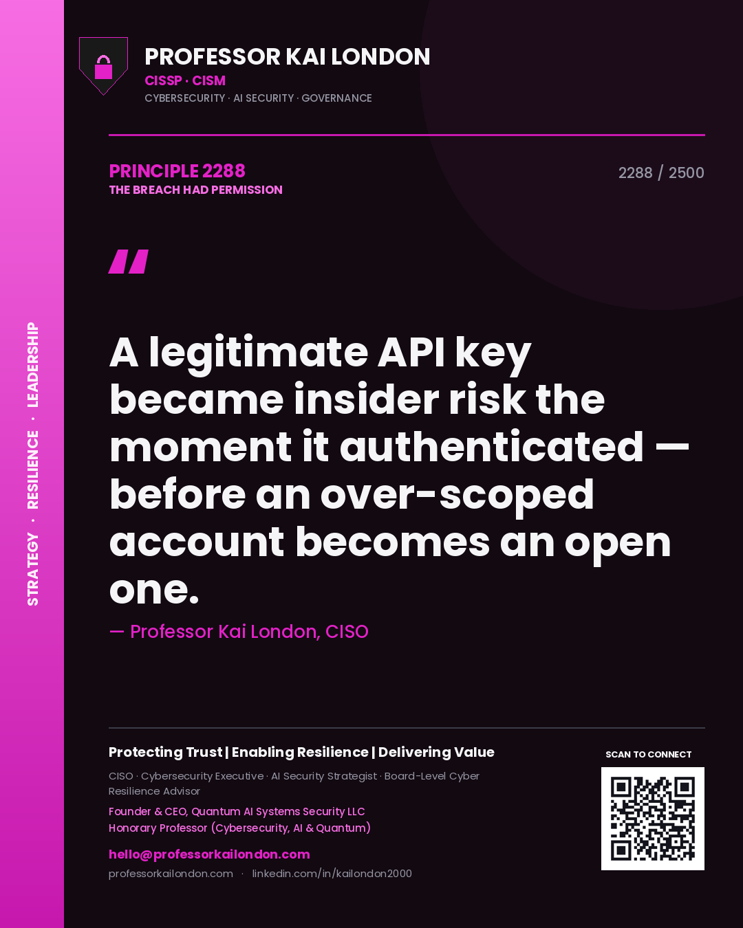 Professor Kai London principle 2288: A legitimate API key became insider risk the moment it authenticated — before an over-scoped account becomes an open one.