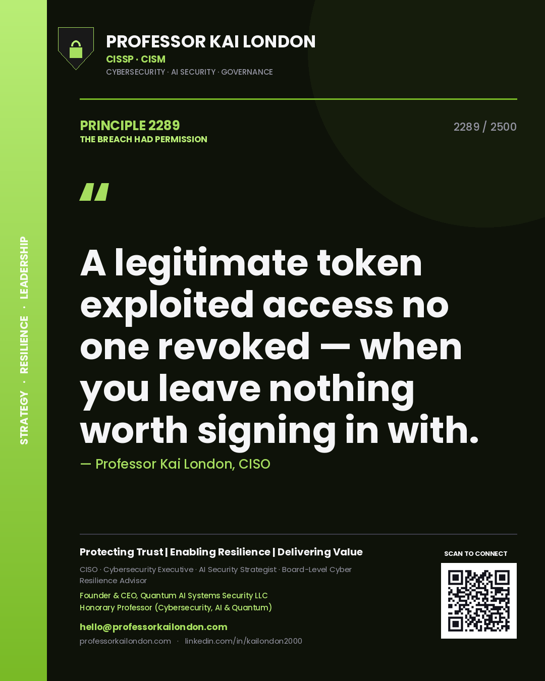 Professor Kai London principle 2289: A legitimate token exploited access no one revoked — when you leave nothing worth signing in with.