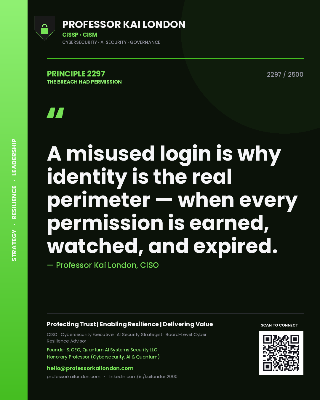 Professor Kai London principle 2297: A misused login is why identity is the real perimeter — when every permission is earned, watched, and expired.