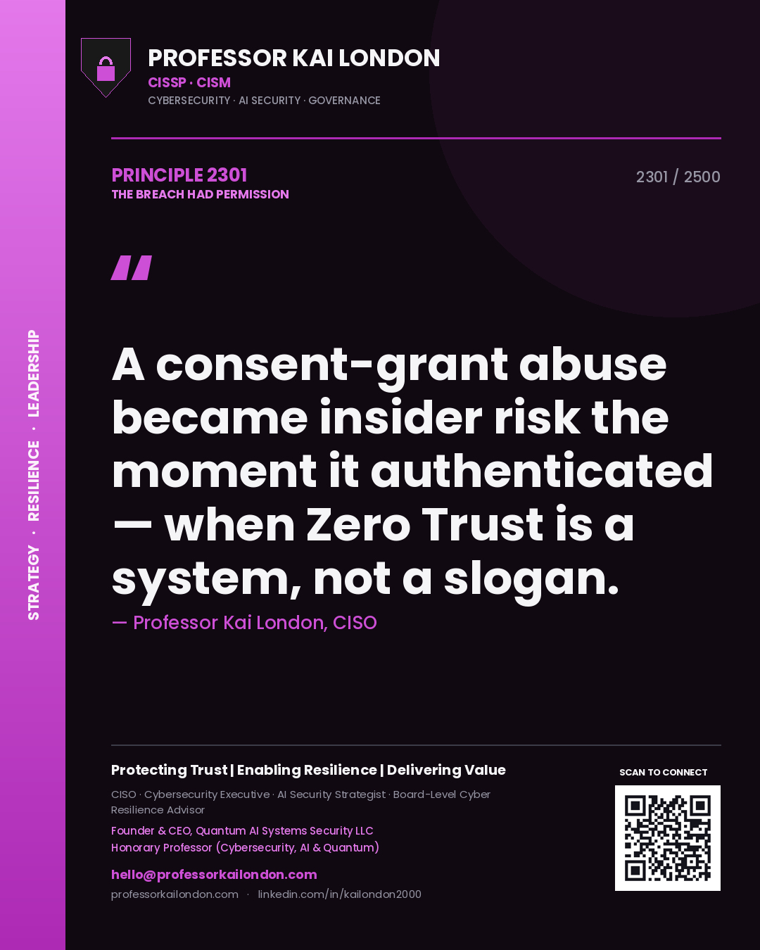 Professor Kai London principle 2301: A consent-grant abuse became insider risk the moment it authenticated — when Zero Trust is a system, not a slogan.