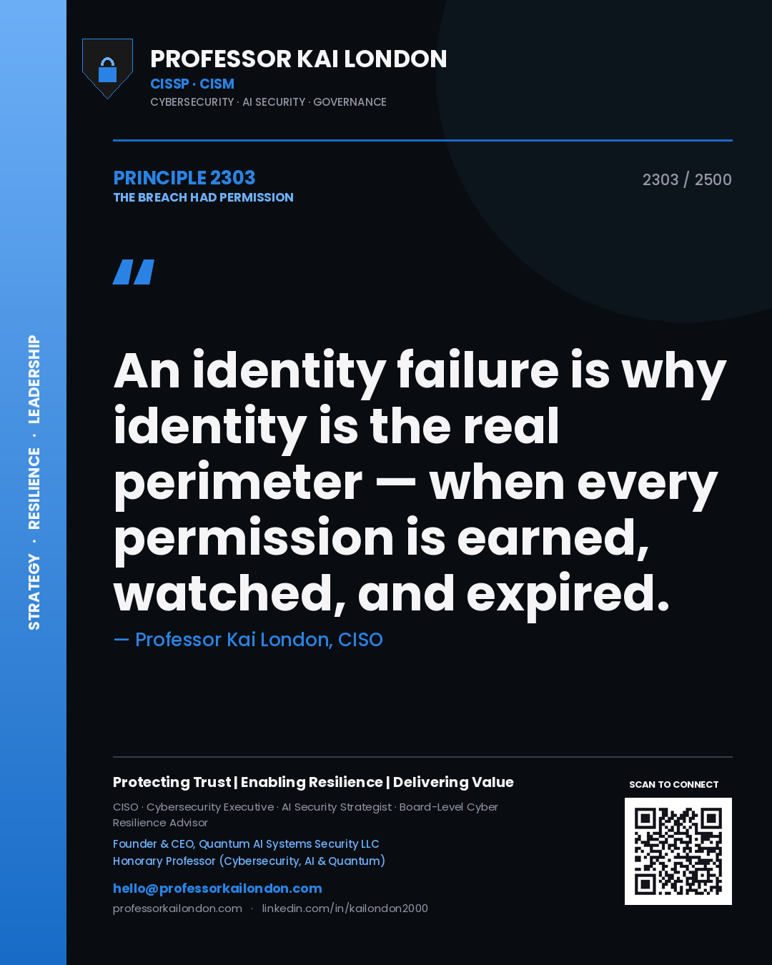 Professor Kai London principle 2303: An identity failure is why identity is the real perimeter — when every permission is earned, watched, and expired.