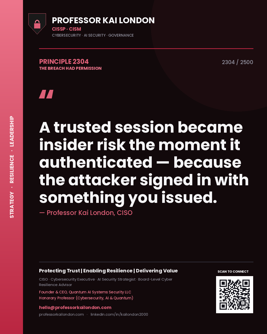 Professor Kai London principle 2304: A trusted session became insider risk the moment it authenticated — because the attacker signed in with something you issued.