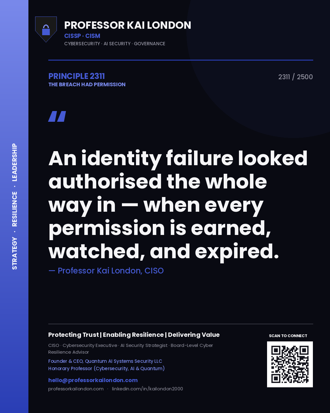 Professor Kai London principle 2311: An identity failure looked authorised the whole way in — when every permission is earned, watched, and expired.