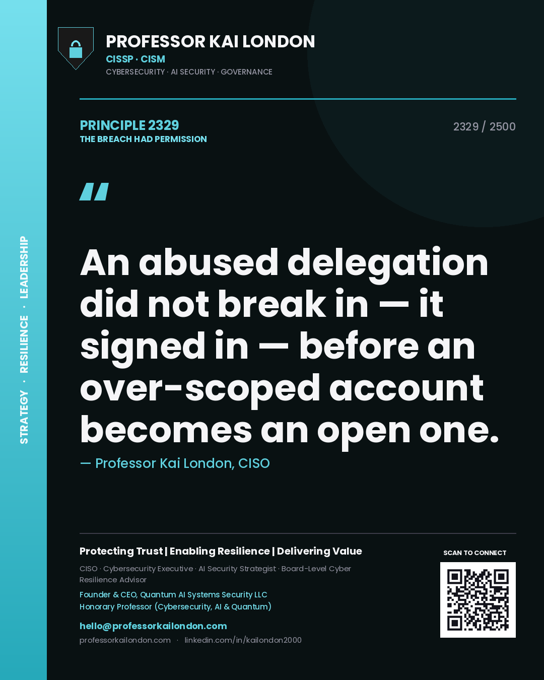 Professor Kai London principle 2329: An abused delegation did not break in — it signed in — before an over-scoped account becomes an open one.