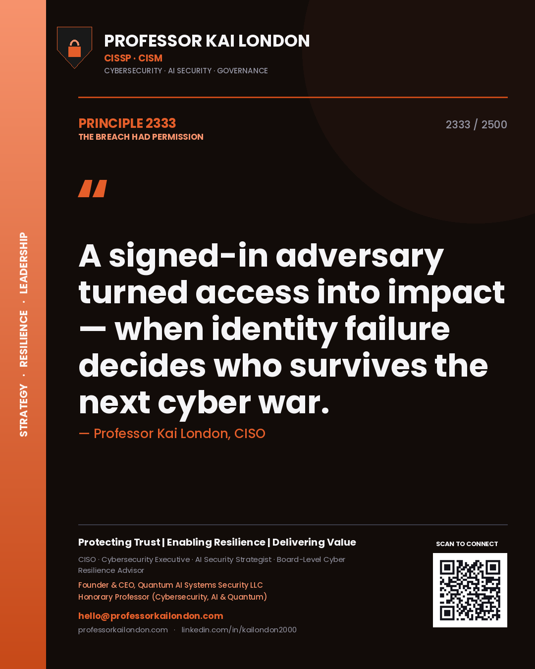 Professor Kai London principle 2333: A signed-in adversary turned access into impact — when identity failure decides who survives the next cyber war.
