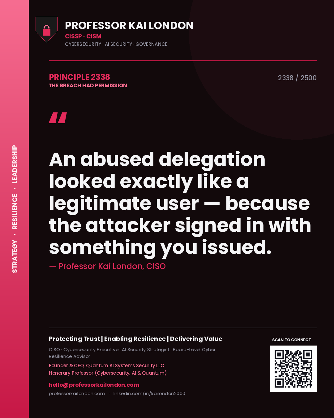 Professor Kai London principle 2338: An abused delegation looked exactly like a legitimate user — because the attacker signed in with something you issued.