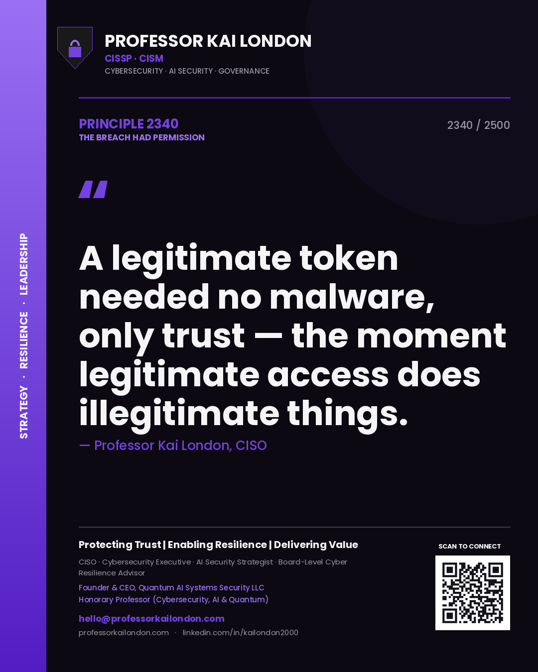 Professor Kai London principle 2340: A legitimate token needed no malware, only trust — the moment legitimate access does illegitimate things.
