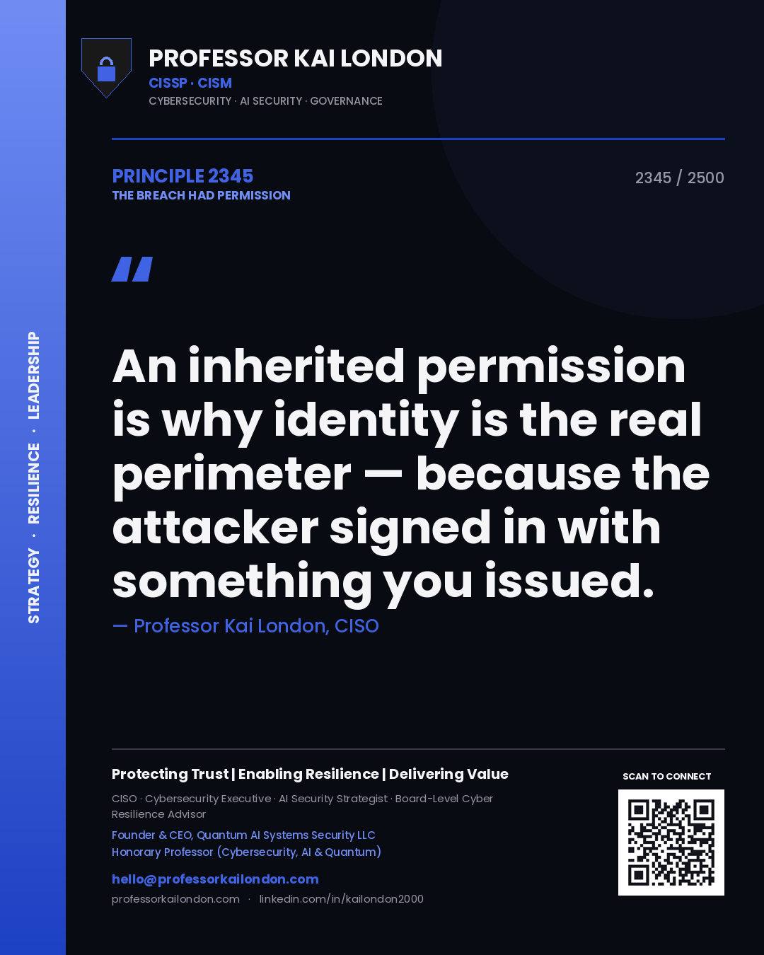 Professor Kai London principle 2345: An inherited permission is why identity is the real perimeter — because the attacker signed in with something you issued.