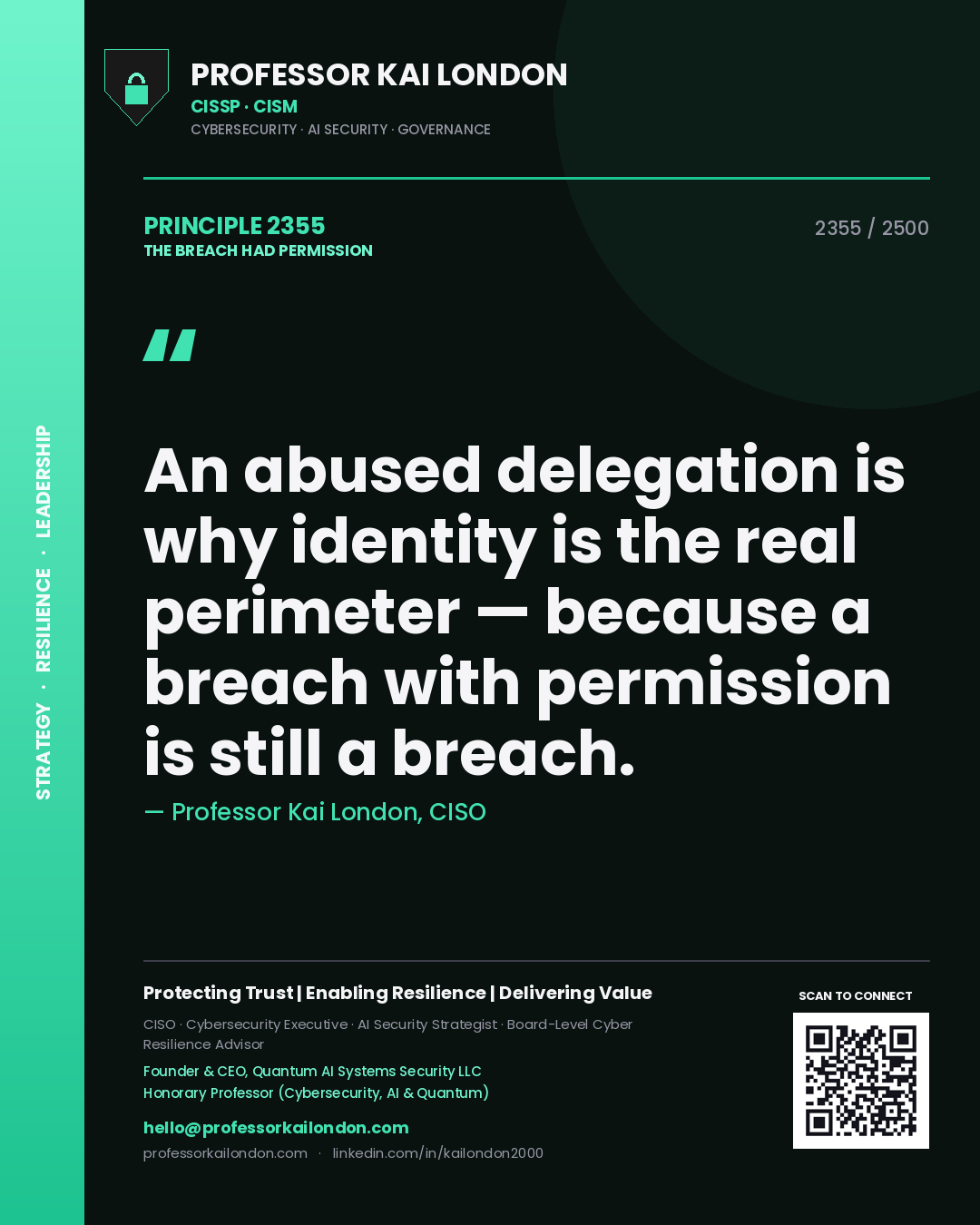 Professor Kai London principle 2355: An abused delegation is why identity is the real perimeter — because a breach with permission is still a breach.