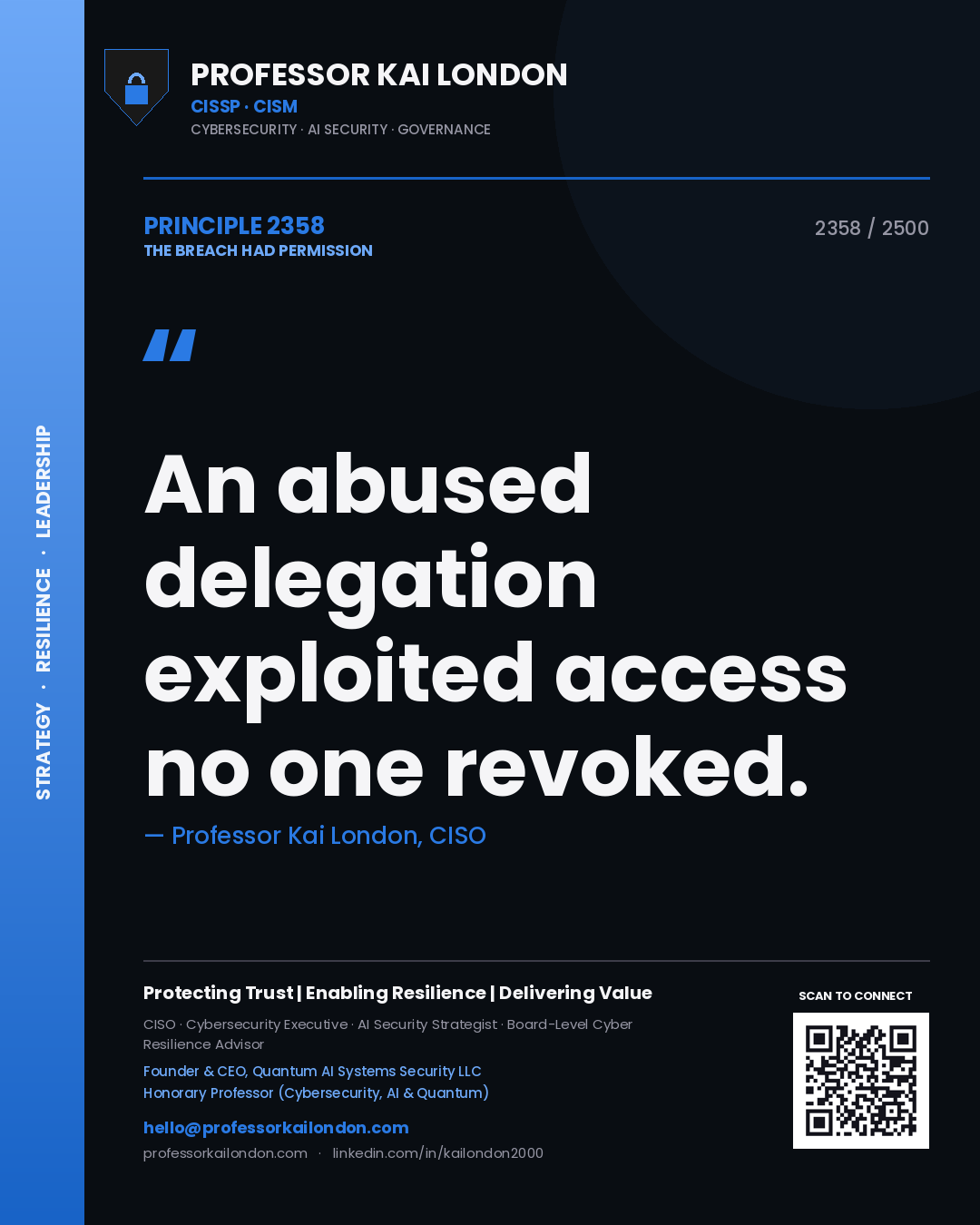 Professor Kai London principle 2358: An abused delegation exploited access no one revoked.